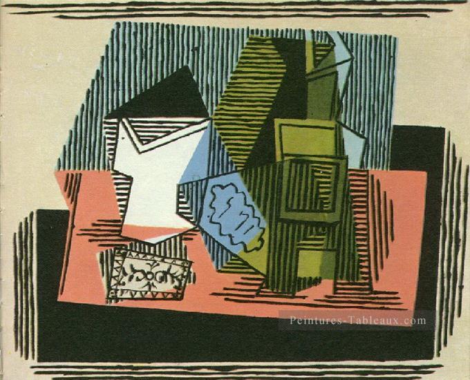 Verre bouteille et paquet tabac 1922 cubiste Pablo Picasso Peintures à l'huile